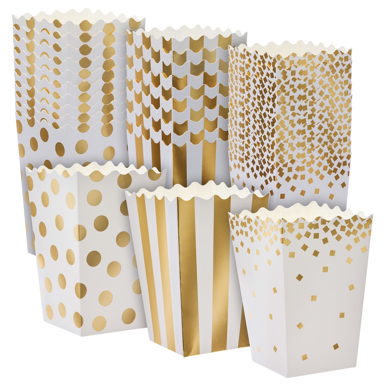 Sparkle and Bash Popcorn Containers Mini Boxes - 102 Count, Gold Foil, 3 Designs, 20 oz, 3.5 x 3.5 x 5.5 In - Popcorn Holders for Party & Wedding